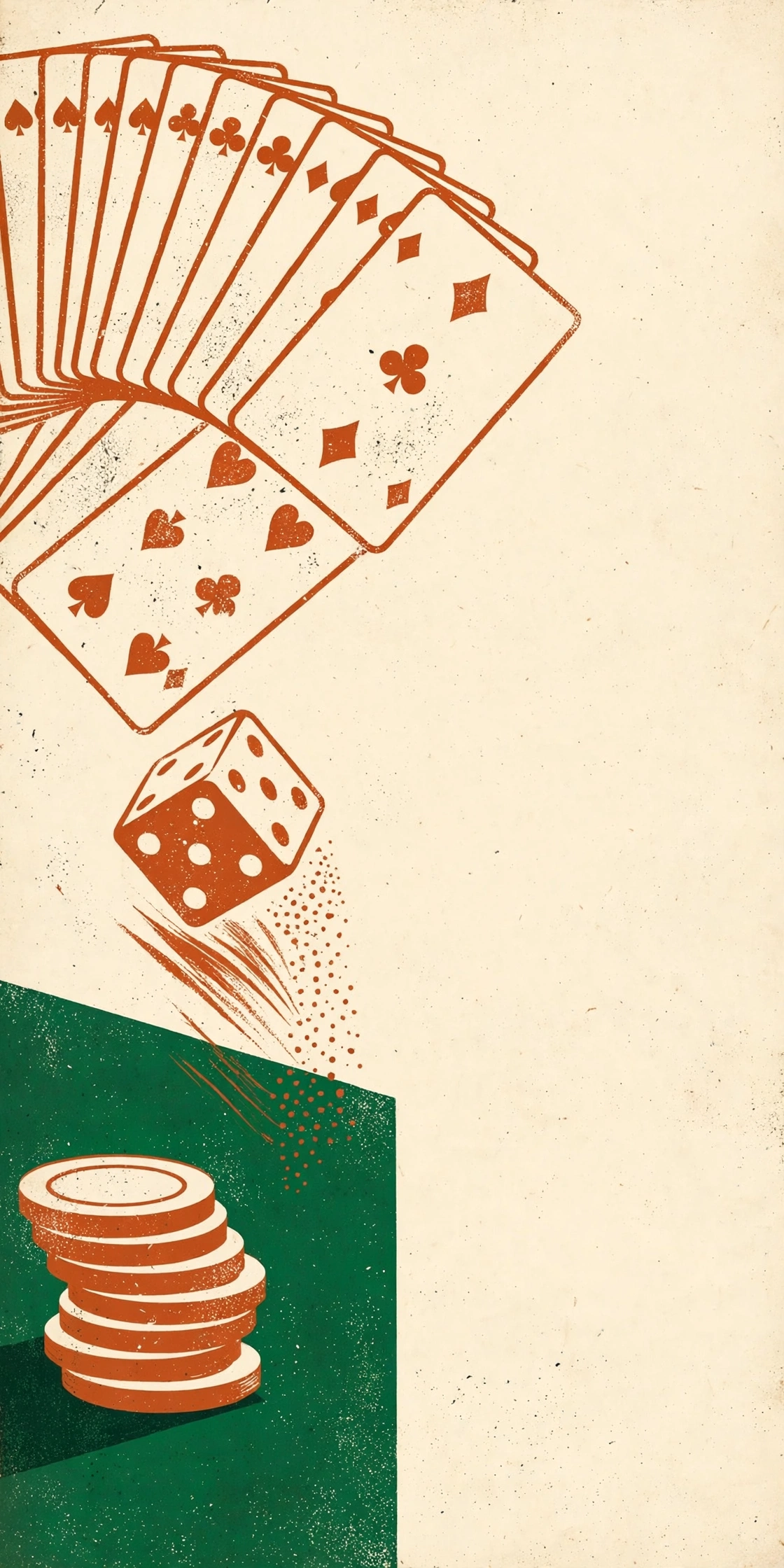 Editorial illustration in deep green, ivory and copper screenprint style: a fan of playing cards, a tumbling die and a stack of poker chips on a felt table